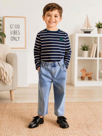 kids' organic cotton striped top and stretch denim jeans set