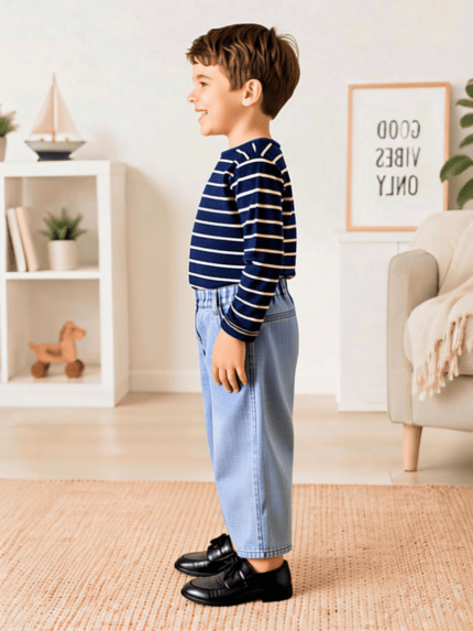 mockup boy striped tee jeans side pose left