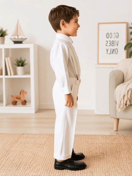 Boys' 2-piece white shirt and trousers set with button-on straps