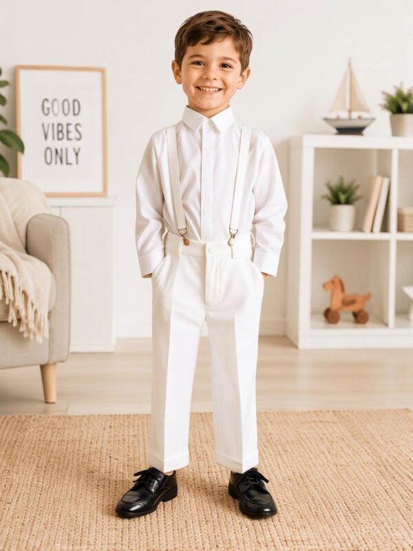 Boys' 2-piece white shirt and trousers set with button-on straps