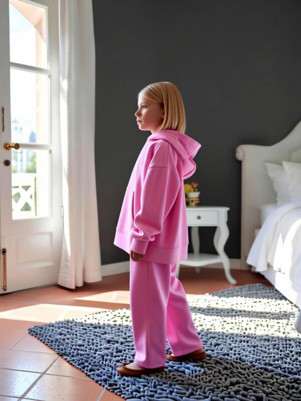 Girls' pink sweatpants with elastic drawstring waistband and ankle-length leg