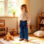 Girl wearing a denim pants and rosebud blouse outfit