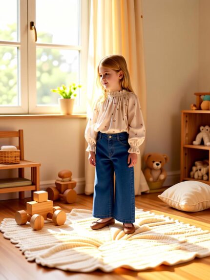 Girl wearing a denim pants and rosebud blouse outfit