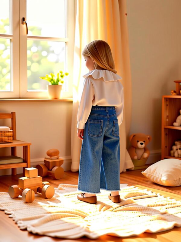 Girls' 2-piece outfit set — organic cotton collar top and wide-leg denim jeans