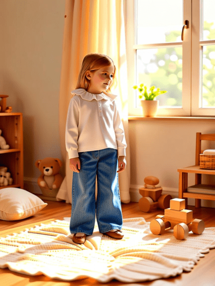 Girls' 2-piece outfit set — organic cotton collar top and wide-leg denim jeans